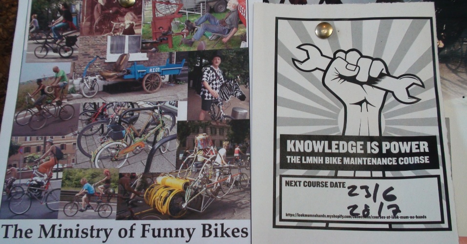 Folheto em bicicletaria anuncia um encontro de bicicletas bizarras