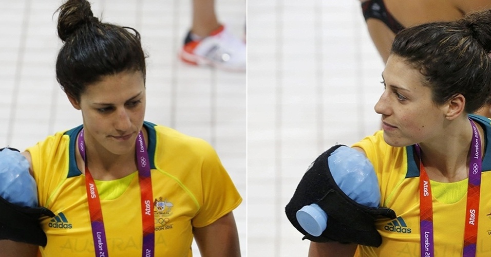 Musa australiana da natação, Stephanie Rice precisa de uma bolsa de gelo para amenizar dores no ombro depois de treino para os Jogos de Londres