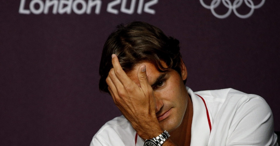 Roger Federer, líder mundial do ranking de tênis, concede entrevista coletiva em Londres (26/07/2012)
