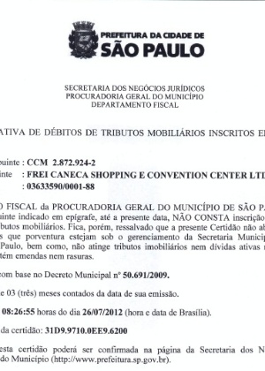 Shopping Frei Caneca divulga certidão negativa de débitos de tributos mobiliários - Divulgação