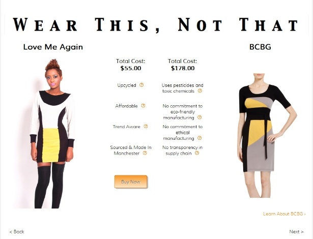 "Use isto, não aquilo" - Site Fashioning Change sugere que as consumidoras comprem o vestido Love Me Again, em vez do BCBG - Reprodução