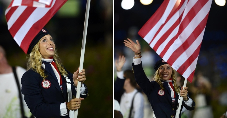 A esgrimista Mariel Zagunis rouba a cena como porta-bandeira dos EUA na cerimônia de abertura de Londres