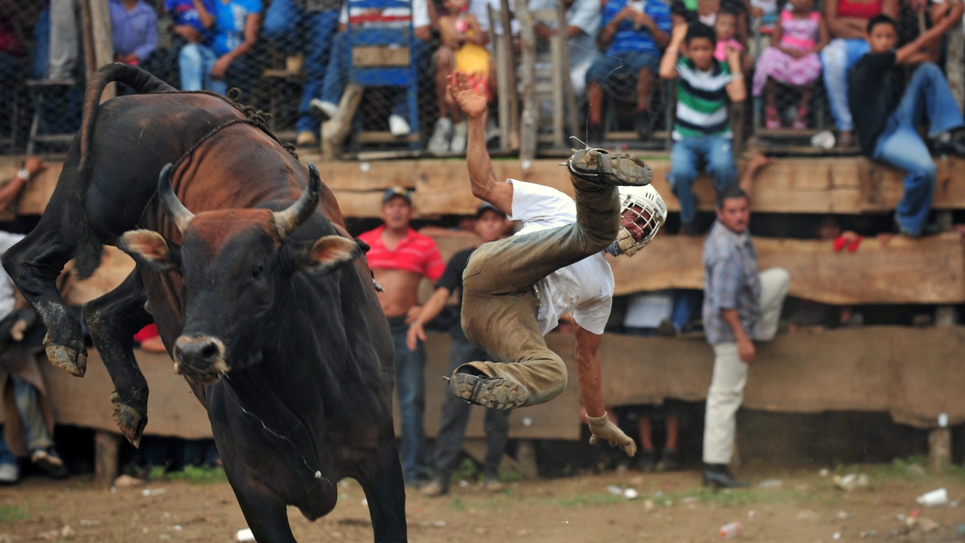 30.jul.2012 - Homem cai de touro no domingo (29), em rodeio em Manágua, na Nicarágua - Hector Retamal/AFP