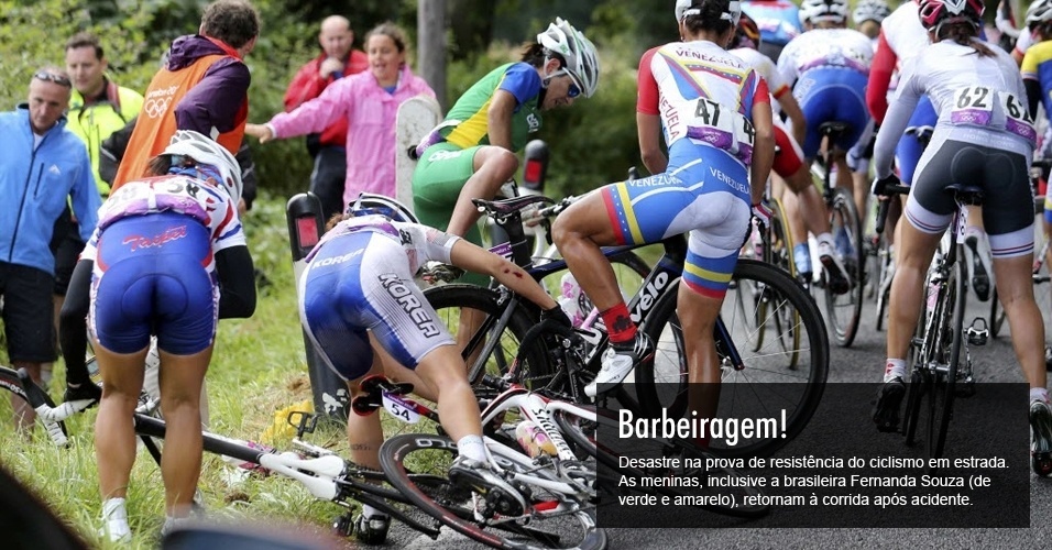 Desastre na prova de resistência do ciclismo de estrada. As meninas, inclusive a brasileira Fernanda Souza (de verde e amarelo), retornam à corrida após acidente
