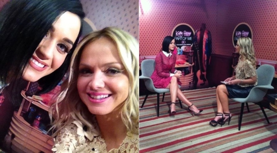 Eliana tietou Katy Perry durante entrevista feita com a cantora nesta segunda, em um hotel no Rio (30/7/12). "Olha ela que linda. Super simpática! Amei!", escreveu Eliana no microblog. Katy está no país para lançar seu documentário intitulado "Part Of Me"