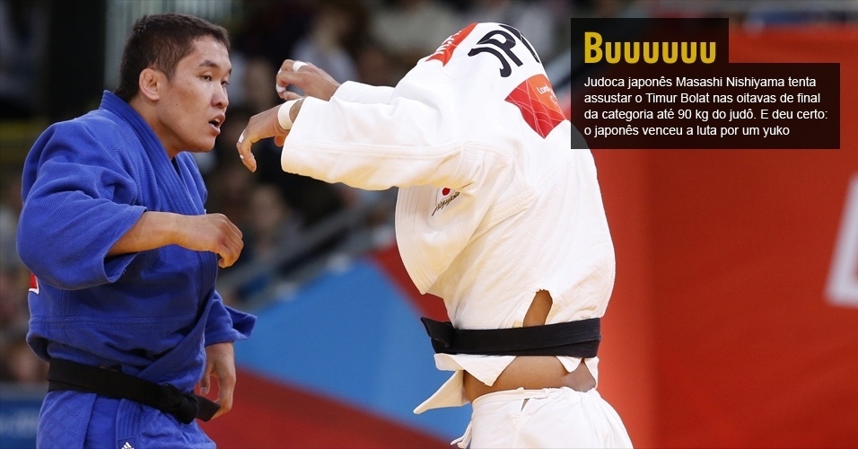 Judoca japonês Masashi Nishiyama tenta assustar o Timur Bolat nas oitavas de final da categoria até 90 kg do judô. E deu certo: o japonês venceu a luta por um yuko