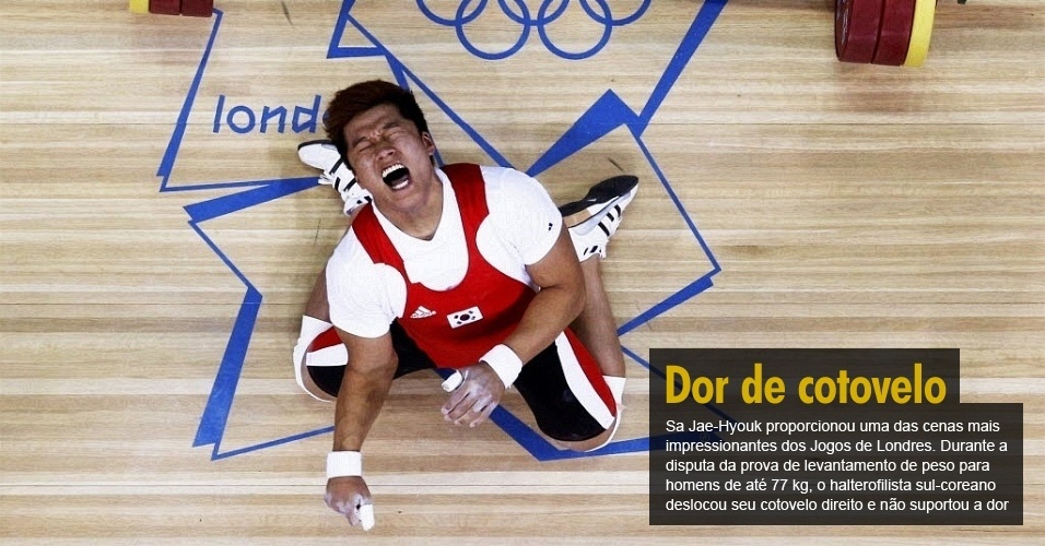 Sa Jae-Hyouk proporcionou uma das cenas mais impressionantes dos Jogos de Londres. Durante a disputa da prova de levantamento de peso para homens de até 77 kg, o halterofilista sul-coreano deslocou seu cotovelo direito e não suportou a dor