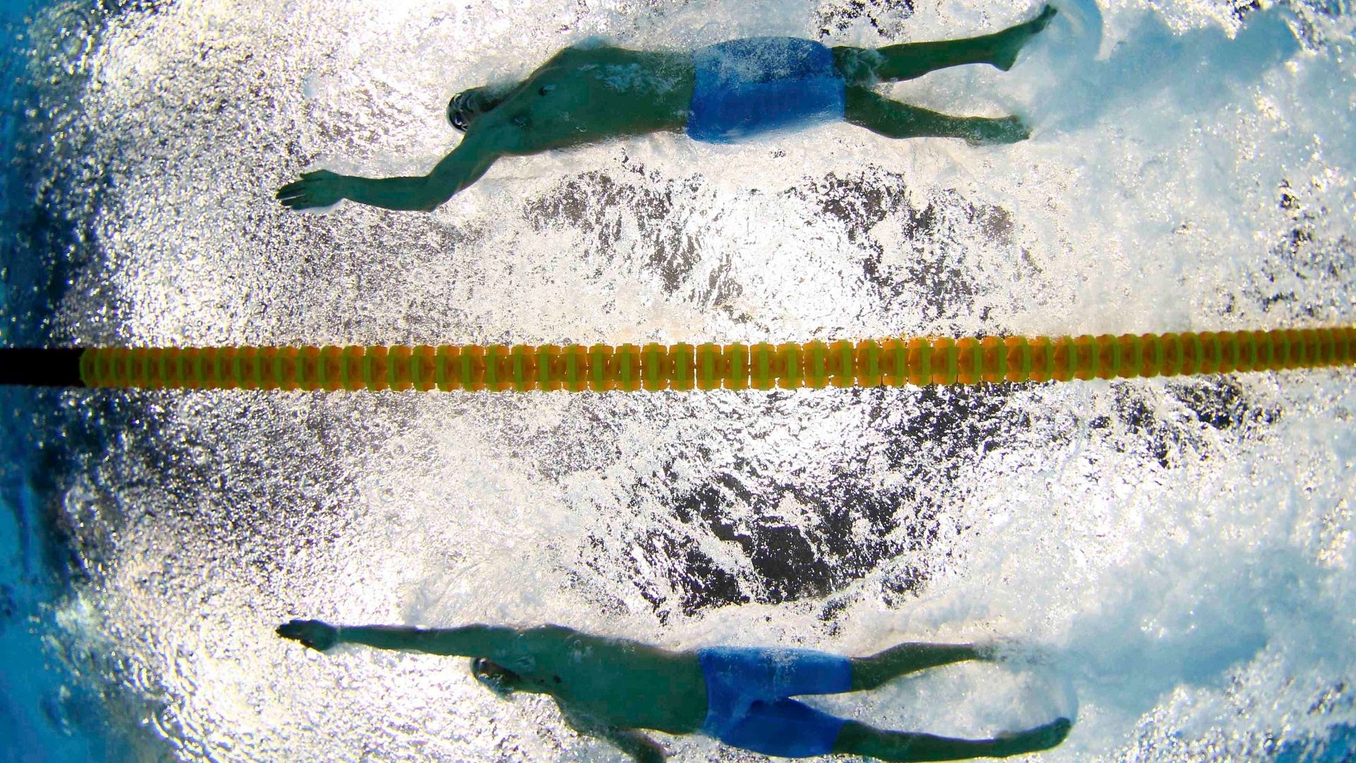 Bruno Fratus, acima, e Cesar Cielo nadam bateria das eliminatórias dos 50 m livre em Londres