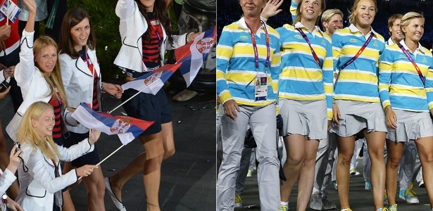 As listras em tom mais lavado marcaram o uniforme sueco (dir.) na abertura das Olimpíadas 2012. A tendência das listras está em alta na moda e também foi aposta da Sérvia, mas em diferente combinação de cores - AFP/AP