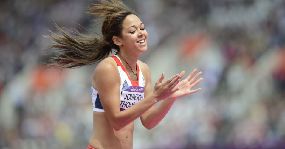 Atleta britânica Katarina Johnson-Thompson durante prova do salto em altura no heptatlo feminino
