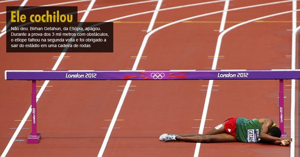 Não deu. Birhan Getahun, da Etiópia, apagou. Durante a prova dos 3 mil metros com obstáculos, o etíope falhou na segunda volta e foi obrigado a sair do estádio em uma cadeira de rodas