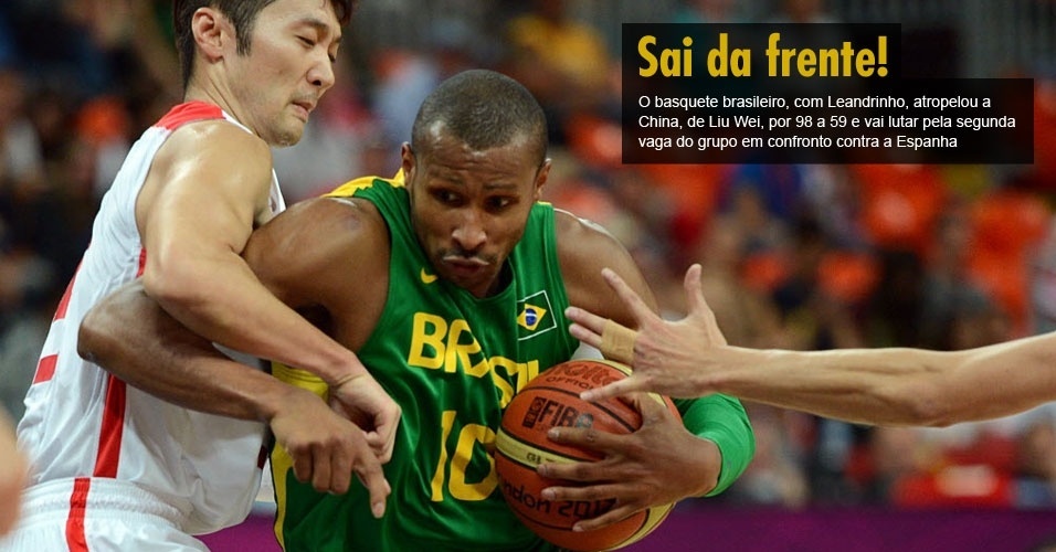 O basquete brasileiro, com Leandrinho, atropelou a China, de Liu Wei, por 98 a 59 e vai lutar pela segunda vaga do grupo em confronto contra a Espanha
