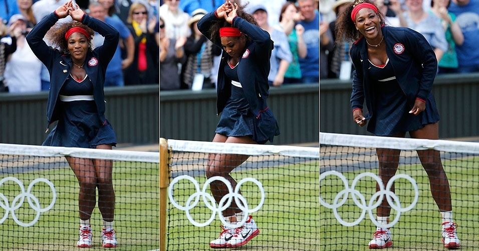 Serena Williams, já de agasalho, dança na grama de Wimbledon após vencer Maria Sharapova e conquistar o outro olímpico  (04/08/2012)