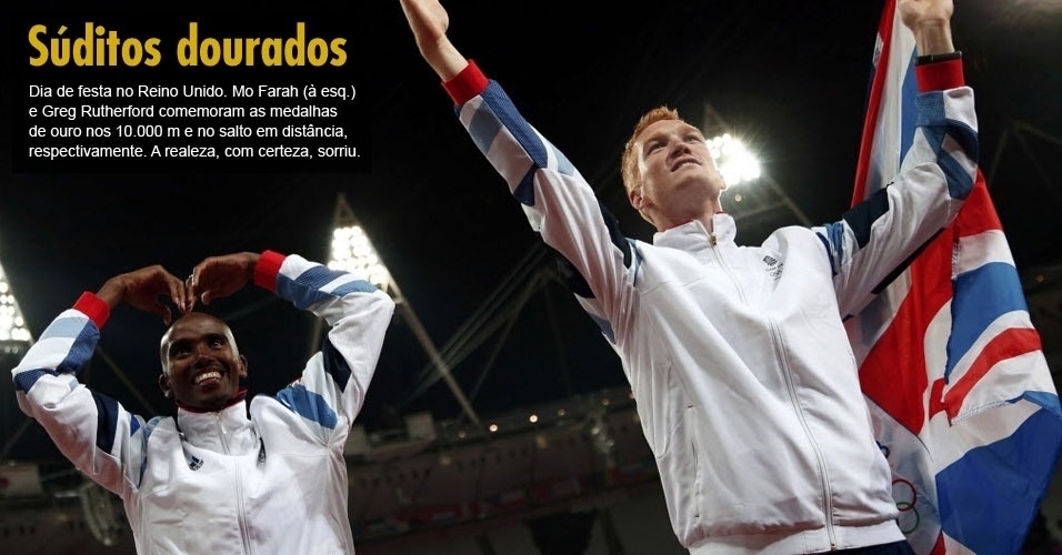 Dia de festa no Reino Unido. Mo Farah (à esq.) e Greg Rutherford comemoram as medalhas de ouro nos 10.000 m e no salto em distância, respectivamente. A rainha sorri.