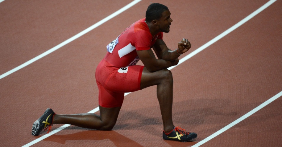 Justin Gatlin reage após conquistar a medalha de bronze na final olímpica dos 100 m rasos