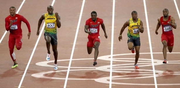 Ryan Bailey, Usain Bolt, Justin Gatlin, Yohan Blake e Tyson Gay durante disputa dos 100 m rasos - EFE/Alberto Estévez