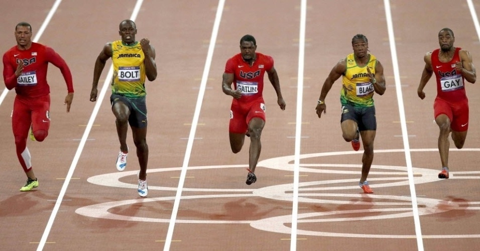 Da esquerda para a direita: Ryan Bailey, Usain Bolt, Justin Gatlin, Yohan Blake e Tyson Gay correm a final dos 100 m rasos