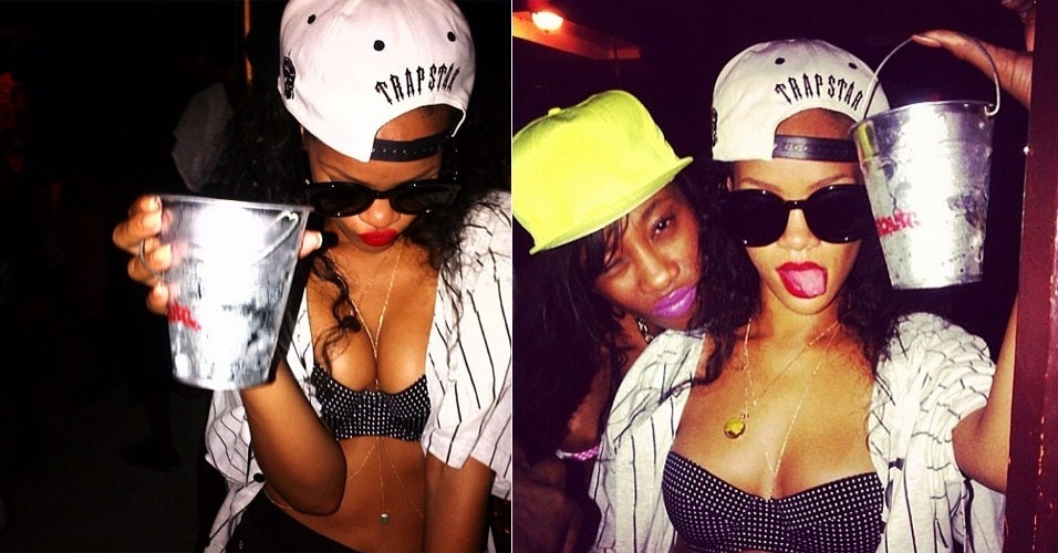 De óculos escuro, boné, sutiã e copo, a cantora Rihanna divulga em seu Twitter fotos de noitada que passou com a amiga Melissa Forde. Junto com a primeira imagem, ela colocou a mensagem: "Eu sendo eu" (7/8/12)
