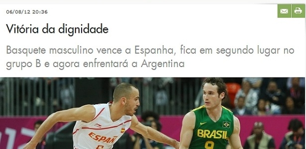 Site do Time Brasil, página oficial do COB, trata Brasil x Espanha como "vitória da dignidade"