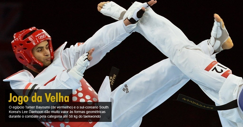 O egípcio Tamer Bayoumi (de vermelho) e o sul-coreano South Korea's Lee Daehoon dão muito valor às formas geométricas durante o combate pela categoria até 58 kg do taekwondo