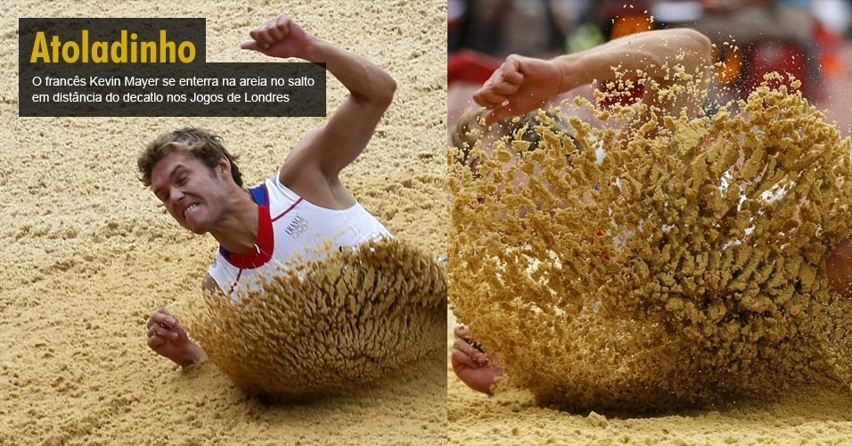 O francês Kevin Mayer se enterra na areia no salto em distância do decetlo nos Jogos de Londres 