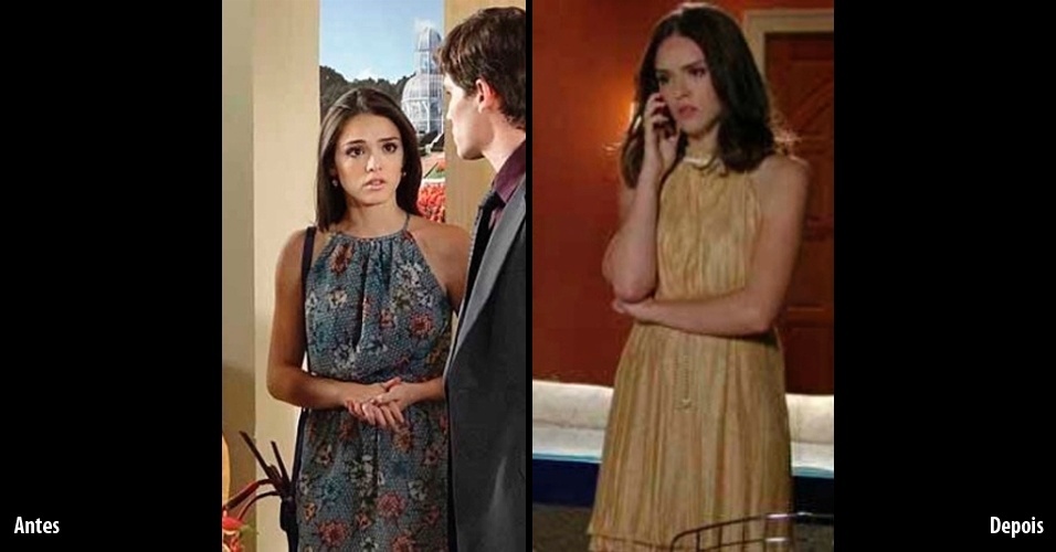 Dois looks de Cida, tanto antes, quanto após a transformação, estiveram no topo da lista de roupas mais pedidas pelos telespectadores da Rede Globo. A personagem saiu de um estilo romântico, com vestido azul de estampa floral, para sua fase rica, com um modelo dourado - Divulgação/TV Globo