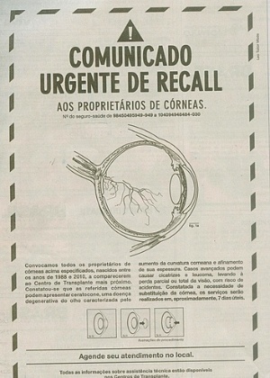 Reprodução de anúncio publicado em jornal de grande circulação para incentivar doação de córneas - Reprodução