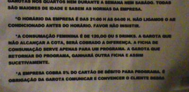 Panfleto encontrado pela polícia no suposto prostíbulo em Teresina traz as "regras" que as garotas deveriam seguir para usar o local; programas custavam entre R$ 120 e R$ 150 - Divulgação/Polícia Civil