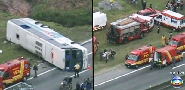 O ônibus tombou e ficou atravessado no meio da pista na rodovia Dutra - Reprodução/TV Globo