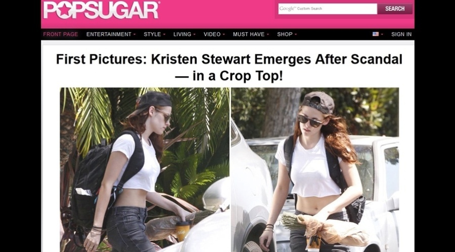 O site "Pop Sugar" divulgou nesta segunda a primeira imagem de Kirsten Stewart após o escândalo da traição envolvendo o ator Robert Pattinson e o diretor Rupert Sanders (20/8/12)