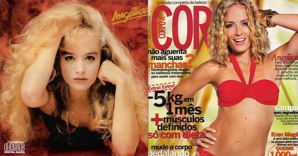 Angélica na fase lolita da época de "Vou de Táxi" e aos quase 40 anos com corpão de capa de revista mesmo depois de dois filhos - Reprodução