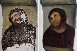 O antes e depois do obra "Ecce Homo", do espanhol Elías García Martínez, que foi "restaurada" de maneira "peculiar" em 2012, pela espanhola Cecilia Giménez - Reprodução