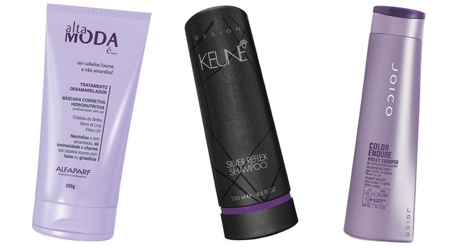 Montagem com produtos indicados para remover o aspecto amarelado de cabelos grisalhos - Divulgação