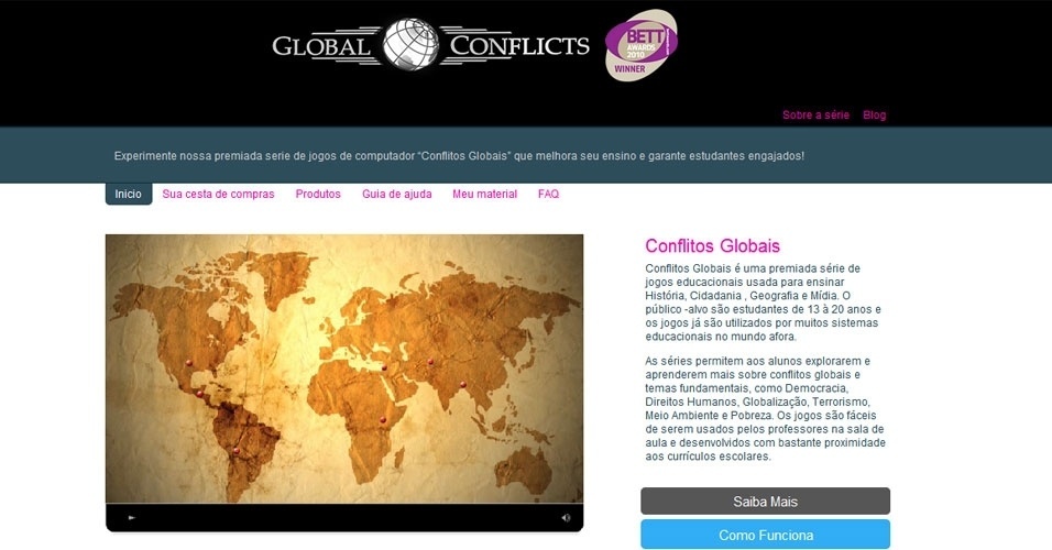 Conflitos Globais (http://www.globalconflicts.eu/) ? Série de jogos que tratam de relações internacionais contemporâneas. Os jogos permitem aos alunos explorarem e aprenderem mais sobre conflitos globais e temas fundamentais, como democracia, direitos humanos, globalização, terrorismo, meio ambiente e pobreza - Reprodução
