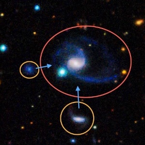 Imagem mostra a GAMA202627, com duas manchas na sua órbita, que é uma das duas galáxias "gêmeas" da Via Láctea - Aaron Robotham/ICRAR/St Andrews/GAMA data