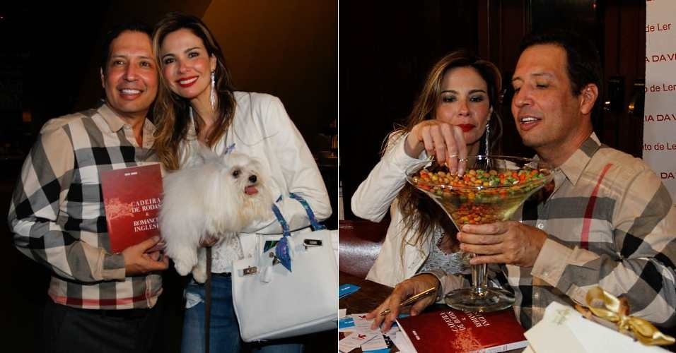 Luciana Gimenez se sentiu à vontade no lançamento do livro do jornalista e apresentador Wesley Sathler, na Livraria da Vila, em São Paulo. A apresentadora aproveitou para levar sua cadela e devorou o amendoim do evento (23/8/12)