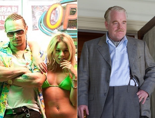 À esquerda, James Franco e Vanessa Hudgens em "Spring Breakers"; à direita, Philip Seymour Hoffman em "The Master" - Reprodução/Montagem