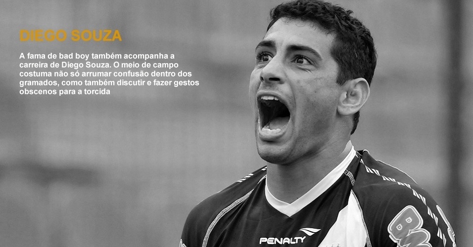 Diego Souza - A fama de bad boy também acompanha a carreira de Diego Souza. O meio de campo costuma não só arrumar confusão dentro dos gramados, como também discutir e fazer gestos obscenos para a torcida - Arte UOL sobre a foto de Pedro Vilela/AGIF