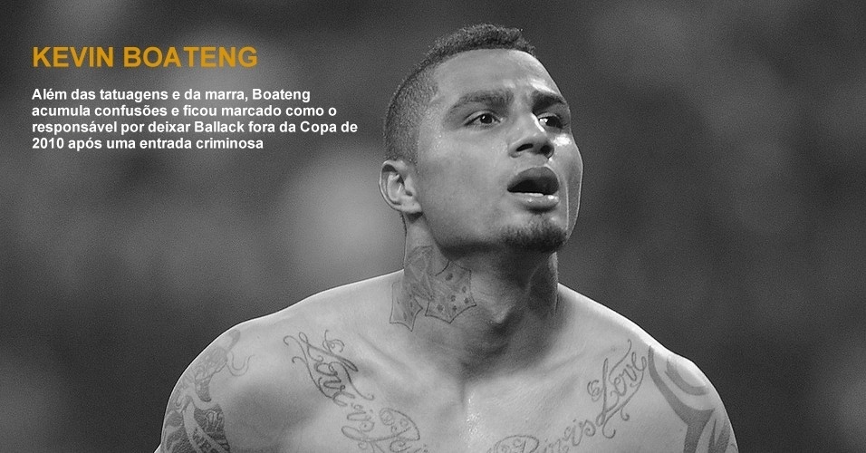 Kevin Boateng - Além das tatuagens e da marra, Boateng acumula confusões e ficou marcado como o responsável por deixar Ballack fora da Copa de 2010 após uma entrada criminosa - Arte UOL sobre a foto de Dino Panato/Getty Images