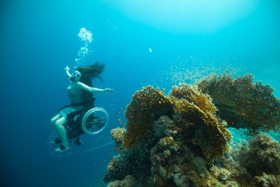 Sue Austin, desenvolveu a cadeira de rodas motorizada com a ajuda de acadêmicos e especialistas em mergulho - Divulgação/Wearefreewheeling.org.uk 