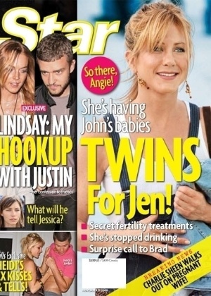 A "Star" também deu na capa que Aniston teria feito tratamentos para ficar grávida de gêmeos e que teria parado de beber