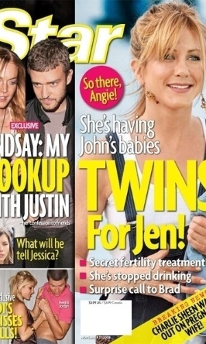 A "Star" também deu na capa que Aniston teria feito tratamentos para ficar grávida de gêmeos e que teria parado de beber - Reprodução/Star