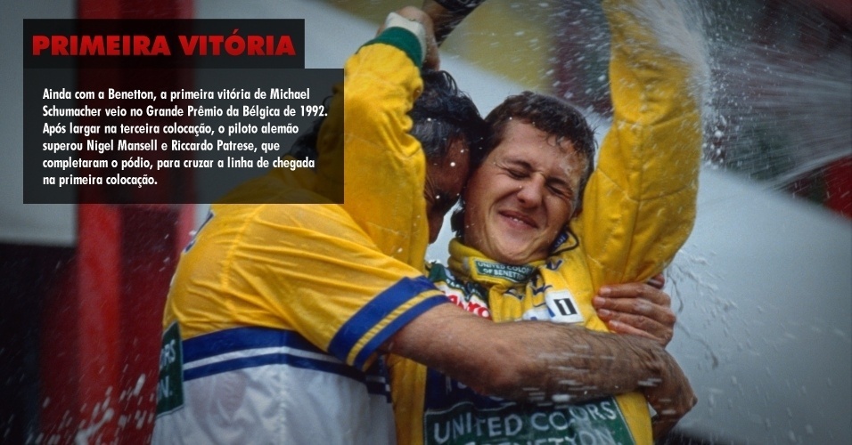 Ainda com a Benetton, a primeira vitória de Michael Schumacher veio no Grande Prêmio da Bélgica de 1992. Após largar na terceira colocação, o piloto alemão superou Nigel Mansell e Riccardo Patrese, que completaram o pódio, para cruzar a linha de chegada na primeira colocação.
