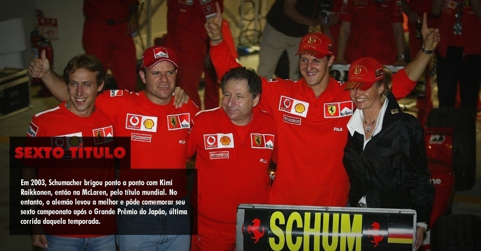Em 2003, Schumacher brigou ponto a ponto com Kimi Raikkonen, então na McLaren, pelo título mundial. No entanto, o alemão levou a melhor e pôde comemorar seu sexto campeonato após o Grande Prêmio do Japão, última corrida daquela temporada. 