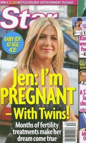 "Jen: 'Estou grávida - de gêmeos'", dizia a capa da "Star"