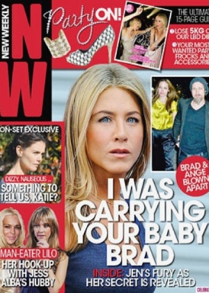 Jennifer contou à revista "New Weekly" que já teria ficado grávida de Brad Pitt