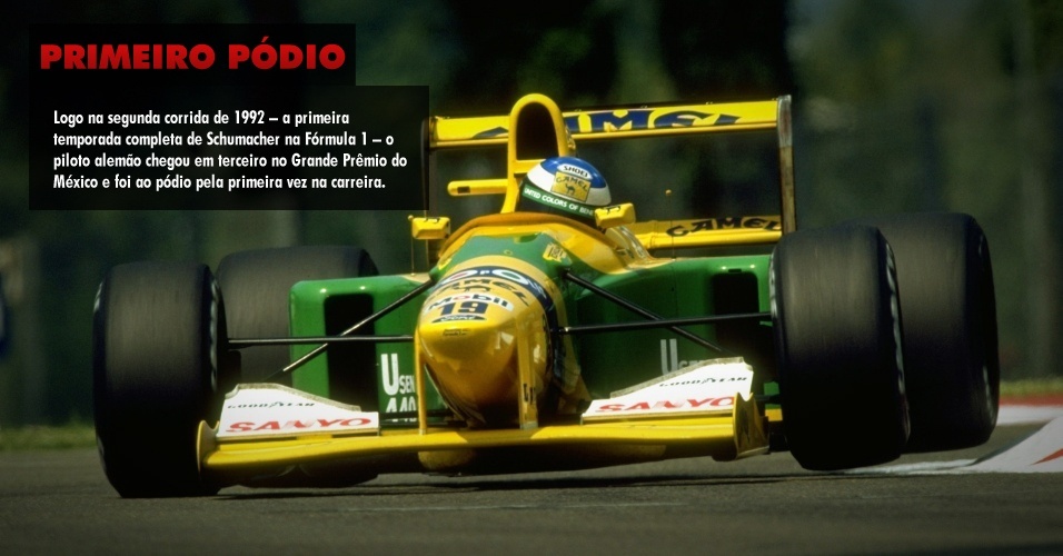 Logo na segunda corrida de 1992 ? a primeira temporada completa de Schumacher na Fórmula 1 ? o piloto alemão chegou em terceiro no Grande Prêmio do México e foi ao pódio pela primeira vez na carreira. 