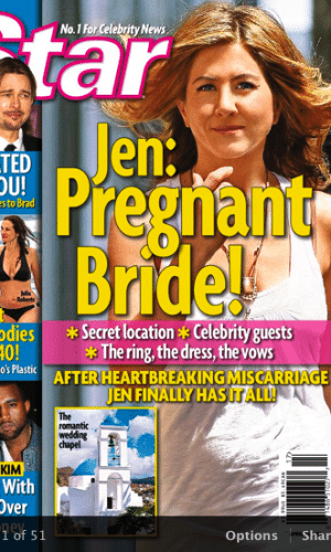 Para a revista "Star", Jennifer Aniston ficou noiva e grávida ao mesmo tempo