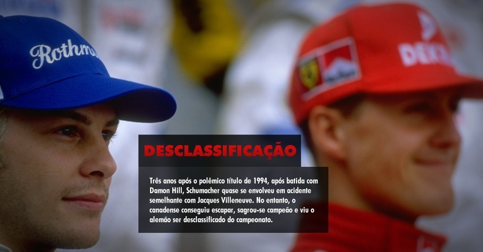 Três anos após o polêmico título de 1994, após batida com Damon Hill, Schumacher quase se envolveu em acidente semelhante com Jacques Villeneuve. No entanto, o canadense conseguiu escapar, sagrou-se campeão e viu o alemão ser desclassificado do campeonato. 