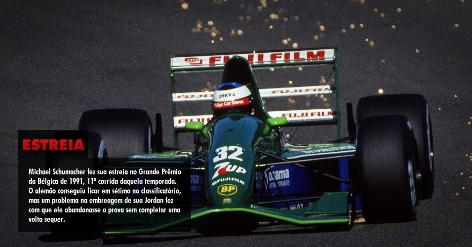 Michael Schumacher fez sua estreia no Grande Prêmio da Bélgica de 1991, 11ª corrida daquela temporada. O alemão conseguiu ficar em sétimo no classificatório, mas um problema na embreagem de sua Jordan fez com que ele abandonasse a prova sem completar uma volta sequer.